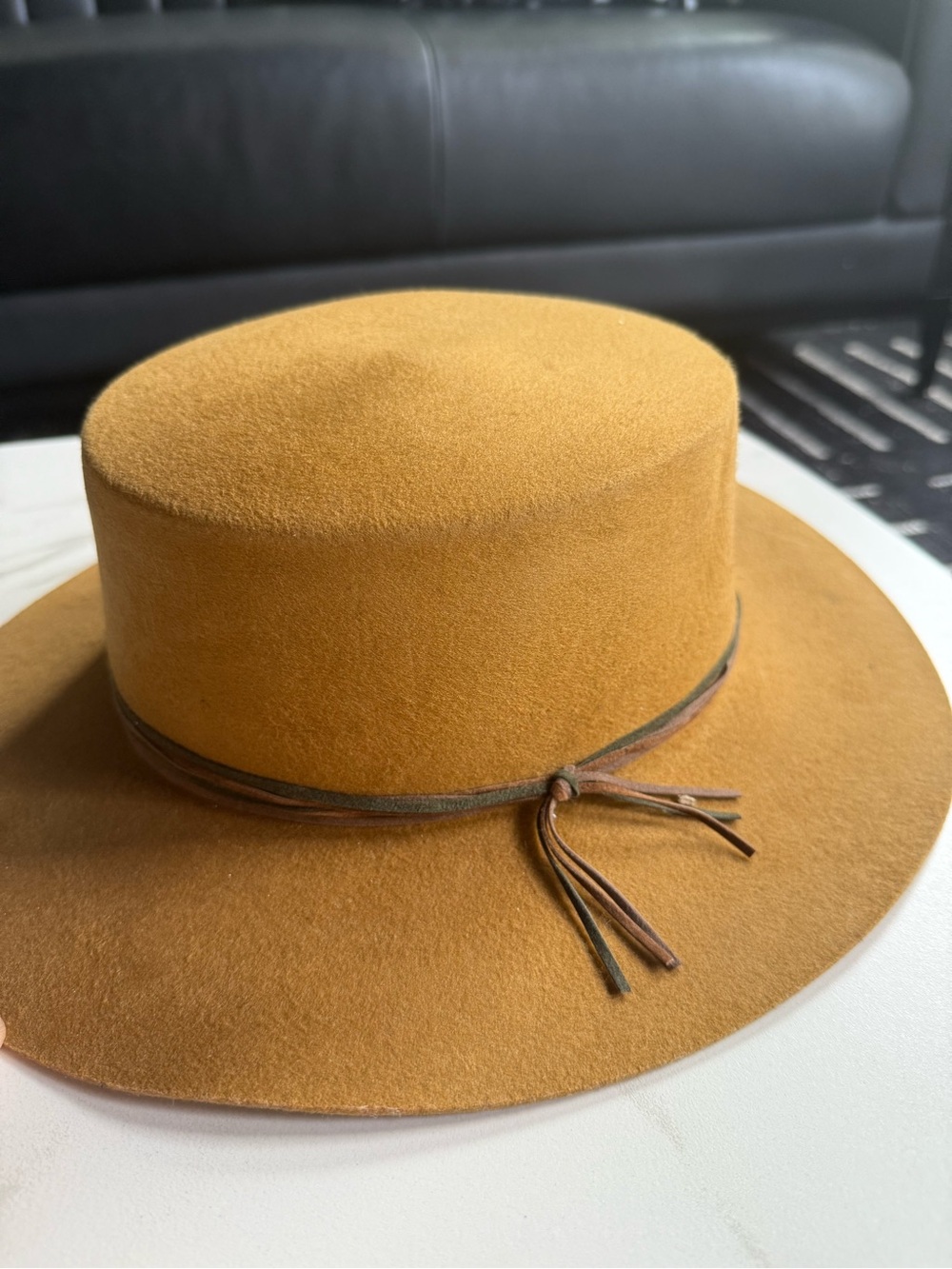 Goorin Bros Wide Brim Mustard Felt Boater Hat with Tassel Band